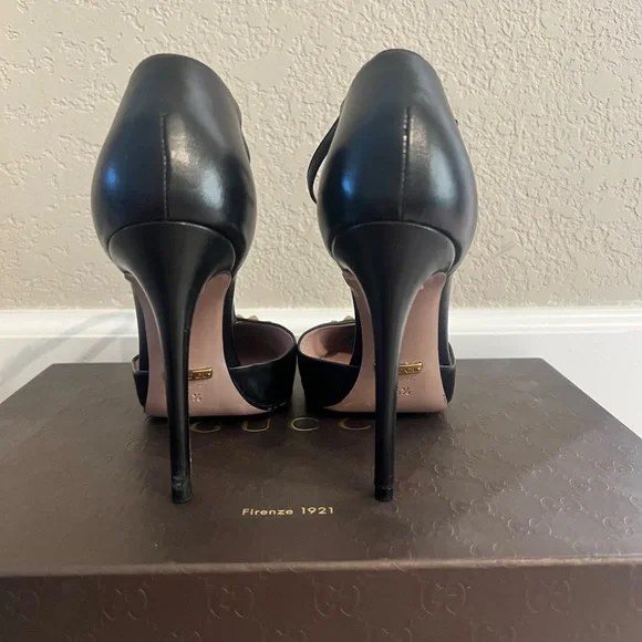 Gucci Malaga Kid Nero Black and Gold Studded T-Strap Heels - Picture 4 of 16